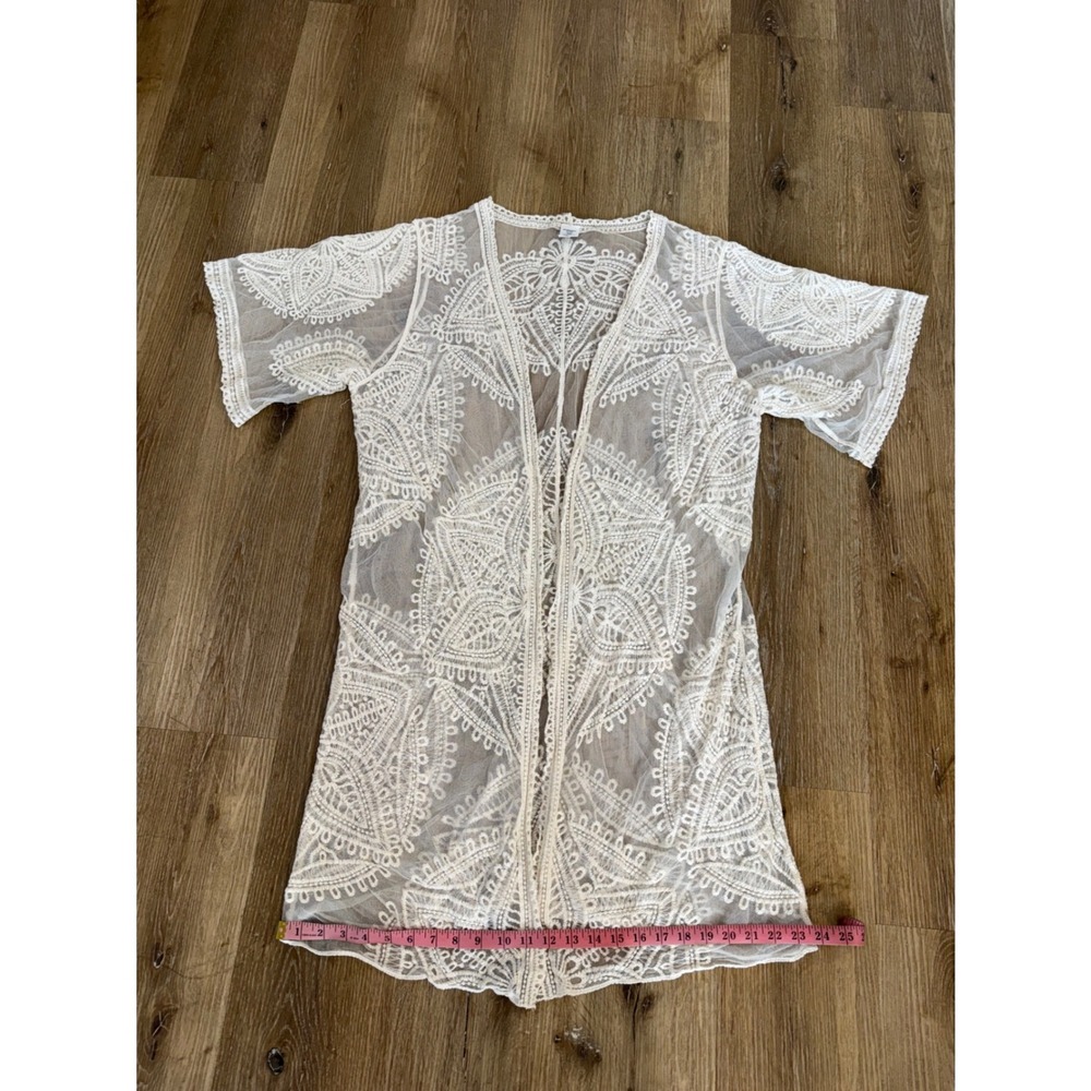 Boho Lace Duster Medallion Mesh Kimono Cardigan Women L-XL Cream Sheer Cover Up - Picture 7 of 9